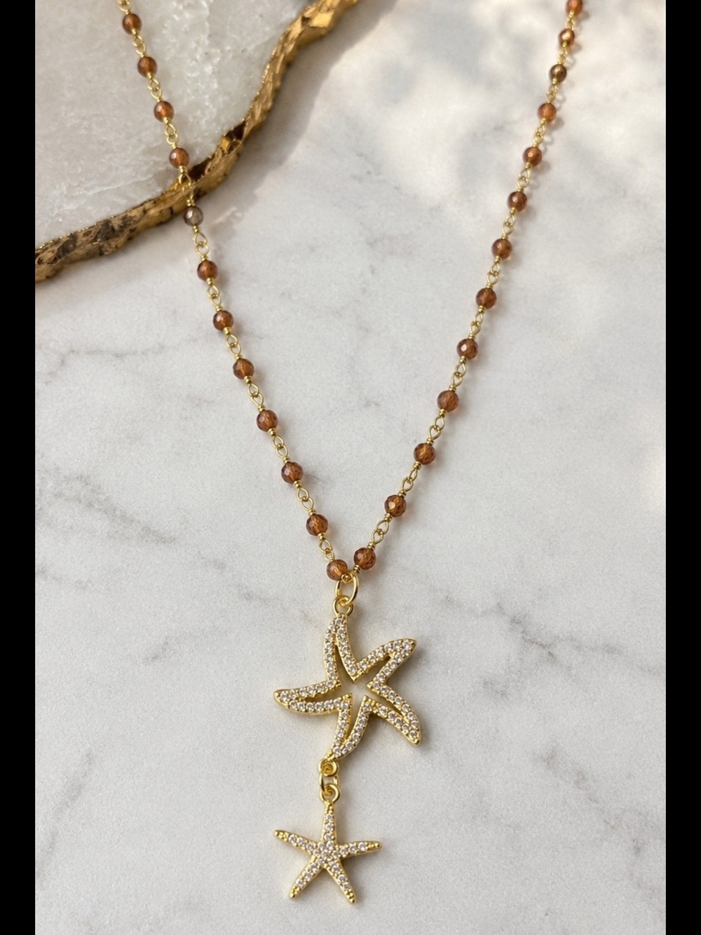 Hessonite Gemstone CZ Pave Starfish Necklace Gold Coastal Beach Jewelry 24KGP